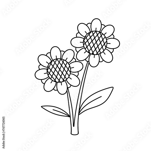 Two flowers are drawn in black and white. The flowers are small and have a delicate appearance. The stems are thin and the leaves are small and green