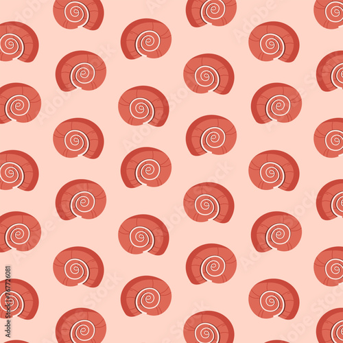 Seamless pattern of red snail sea shells on color background.  Vector illustration