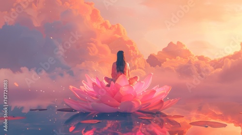 Woman seated on pink lotus flower in pond amidst natural landscape