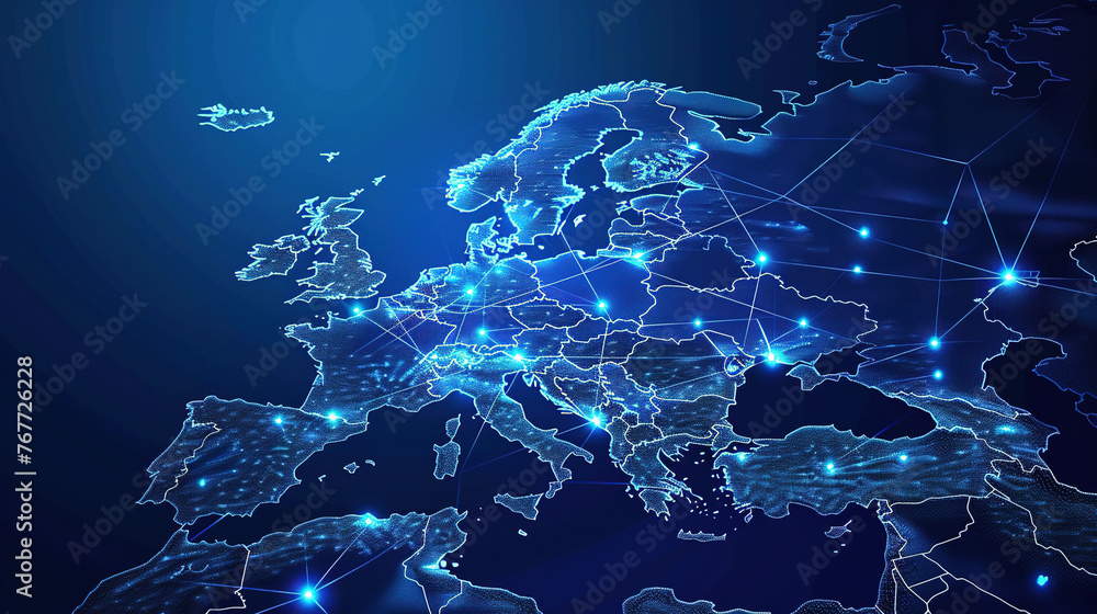 Fototapeta premium Abstract digital map of Western Europe, concept of European global network and connectivity, data transfer and cyber technology, information exchange and telecommunication. Digital maps for business