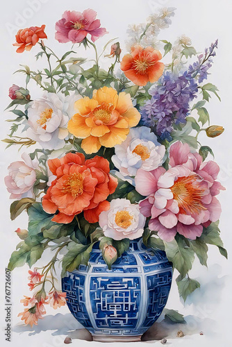 Watercolor painting bouquet of flowers in chinoiserie vase