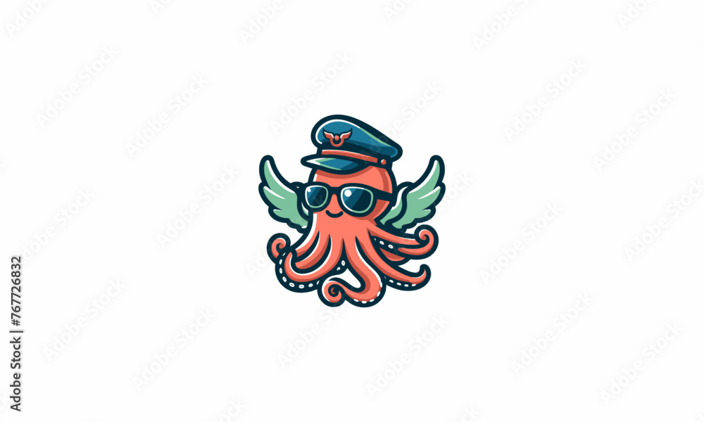 octopus wearing sun glass and hat with wings vector mascot design