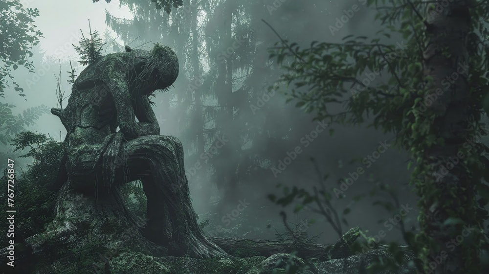 Cryptid sculpture in forest, misty morning, close-up, mysterious,  - obrazy, fototapety, plakaty 