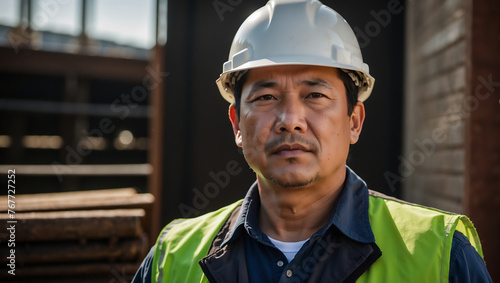 Erfahrener chinesischer Bauarbeiter mit Helm vor Industriekulisse – Professionelles Arbeitsporträt
