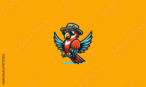 parrot wearing sun glass and hat vector logo design