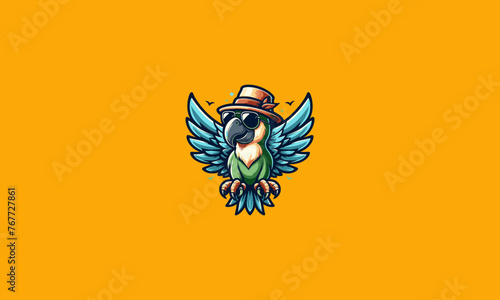 parrot wearing sun glass and hat vector logo design