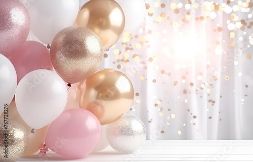 pastel white, beige, pink and golden balloon with glitter on whi