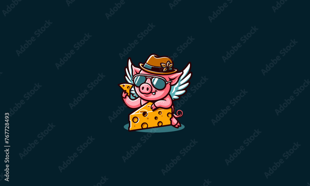 pig character wearing hat eat cheese vector mascot design pig character wearing hat eat cheese vector mascot design
