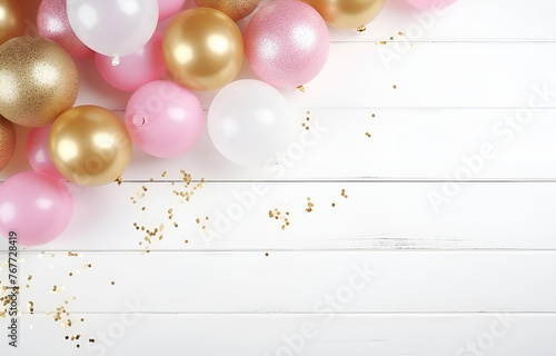 pastel white, beige, pink and golden balloon with glitter on whi