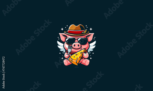 pig character wearing hat eat cheese vector mascot design