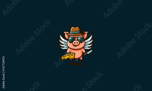 pig character wearing hat eat cheese vector mascot design