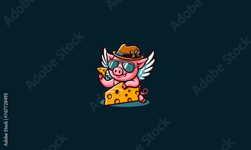 pig character wearing hat eat cheese vector mascot design