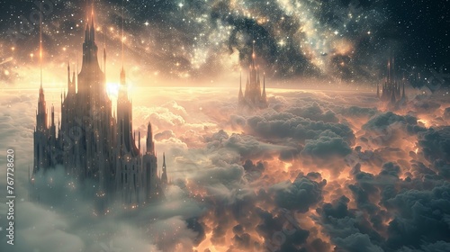 A celestial city floating among the clouds, with towering spires reaching towards the heavens, bathed in the soft glow of starlight and surrounded by wisps of ethereal mist.