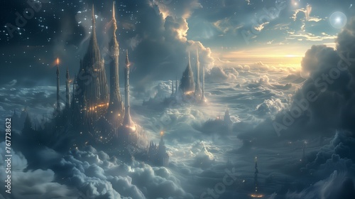 A celestial city floating among the clouds, with towering spires reaching towards the heavens, bathed in the soft glow of starlight and surrounded by wisps of ethereal mist.