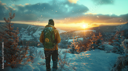 A tourist on the top of a mountain, a man enjoying the view of the sunset. Winter landscape. Bokeh effect. AI generative © sdmin_d