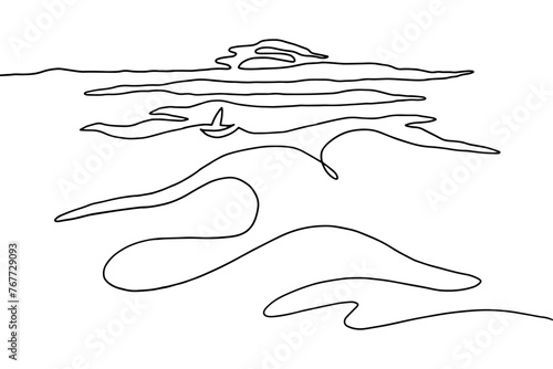 Continuous line art sea coast landscape, single line sketch, isolated on white background. One continuous line drawing.