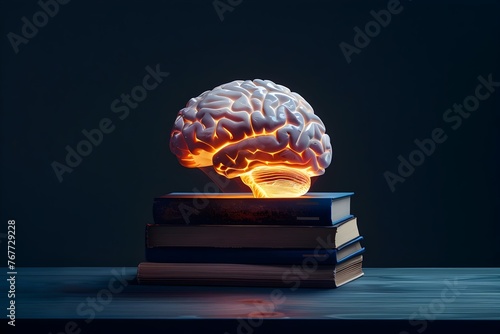 Glowing Brain of Knowledge Atop Modern Books Symbolizing Wisdom and Intelligence photo