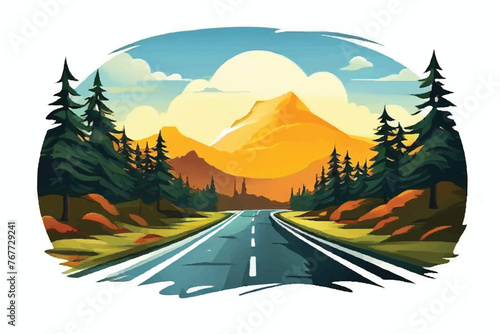 Straight road in countryside have green tree with big mountain landscape in summer morning clear sky and white cloud. Mountain road landscape. Vector illustration of highway with spring mountains.  © Usama