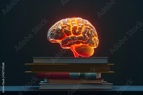 Glowing Brain of Knowledge Atop Modern Books Symbolizing Wisdom and Intelligence in Photography with Color Grading photo