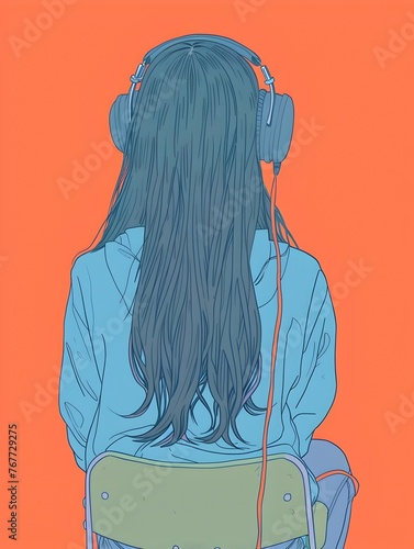 of a Girl Wearing Headphones and an Old Microphone in a Bold,Colorful Style photo