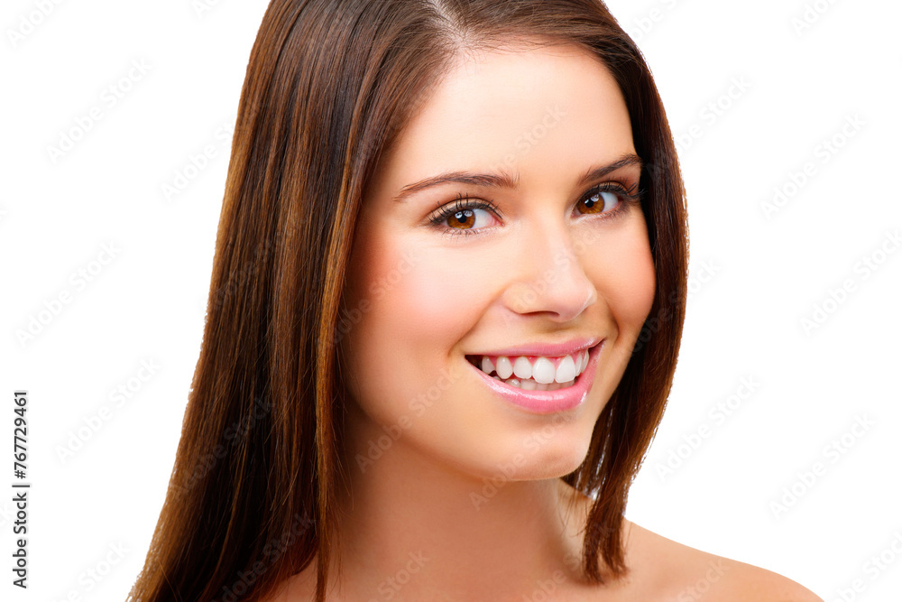 Happy woman, portrait and hair with beauty, glow and keratin shampoo with cosmetics isolated on white background. Haircare, wellness and cosmetology for shine, self care and salon treatment in studio Happy woman, portrait and hair with beauty, glow and keratin shampoo with cosmetics isolated on white background. Haircare, wellness and cosmetology for shine, self care and salon treatment in studio