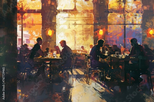 Fototapeta Naklejka Na Ścianę i Meble -  cozy ambiance of a blurred coffee shop or cafe restaurant, with abstract light creating a dreamy background atmosphere.