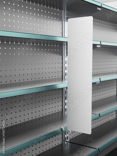 Supermarket Empty Shelf With Single Vertical Stopper Or Wobbler. Blank Shelf Banner Display Mock-up. 3D rendering photo