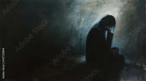 A dark and moody oil painting with a single figur