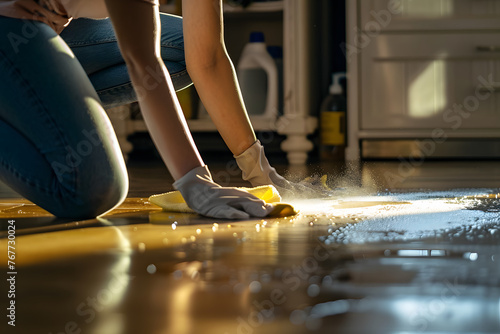 Cropped picture of a woman kneeling and cleaning floor with spray and rag.