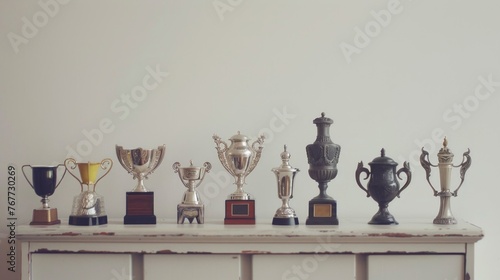 Collection of Various Trophies on White Shelf