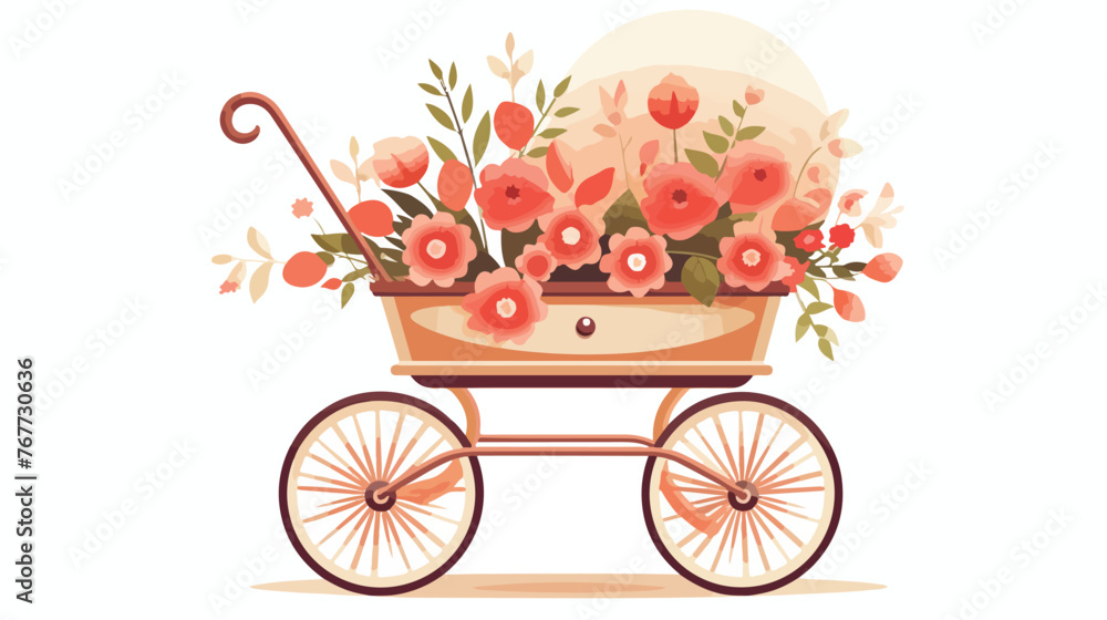 Vintage Baby Stroller with Flowers Flat vector 