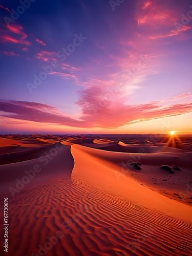 An extremely aesthetic picture capturing an enchanting sunset landscape in a serene and desolate desert