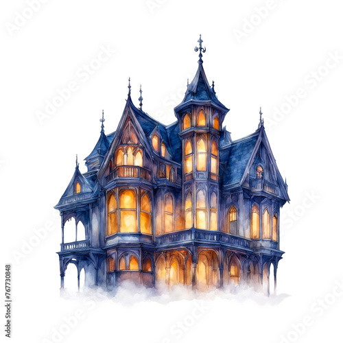 A gothic style haunted mansion, in misty fog, indoor glowing lights, mystery style, horror, Halloween, watercolor illustration, clipart, architecture, for kids story picture book, scrapbook, project  © Art Resources