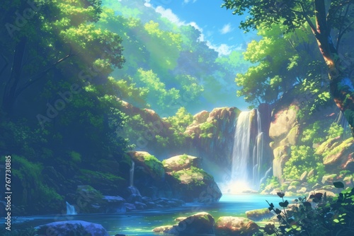 Waterfall in a forest  wallpaper  anime-style