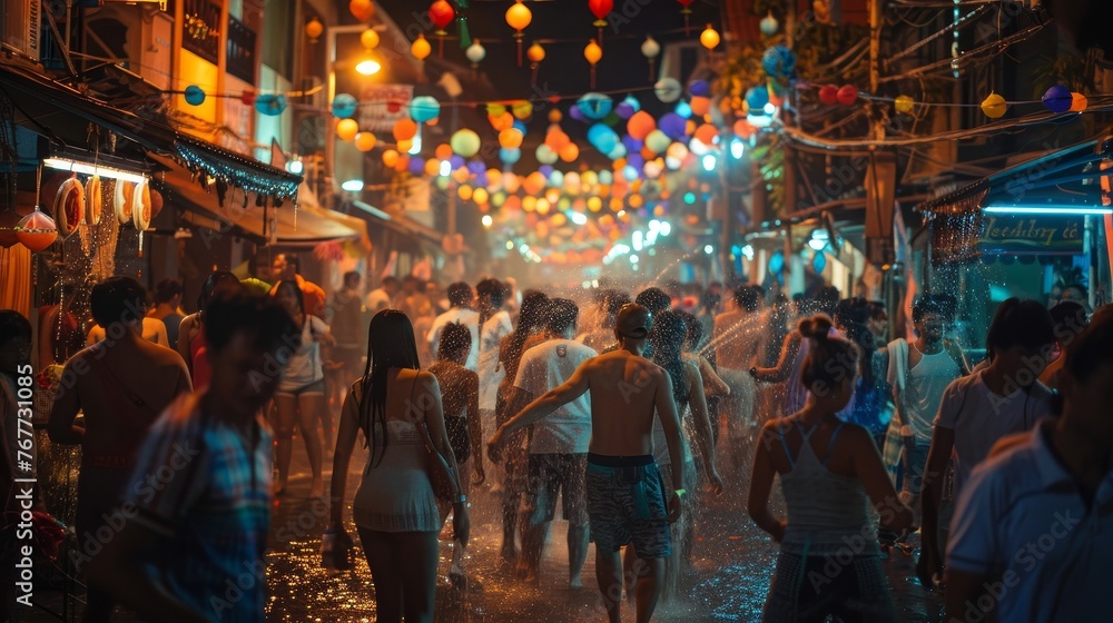 A bustling street party during Songkran night.