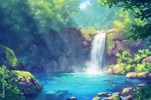 Waterfall in a forest, wallpaper, anime-style