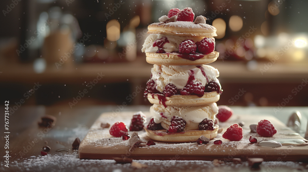 A delicious pancake decorated with icing, chocolate, and strawberries, placed on a plate, looking fresh and tasty A delicious pancake decorated with icing, chocolate, and strawberries, placed on a plate, looking fresh and tasty