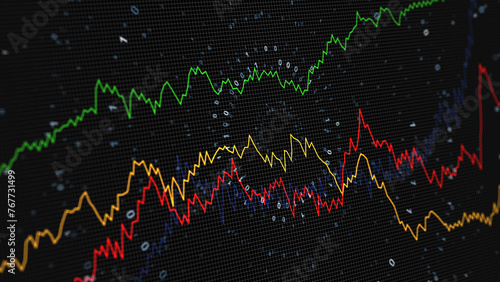 Modern red, green, orange, and blue business line graphs on black binary code illustration background.