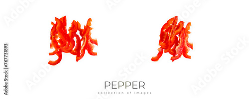 Fototapeta Naklejka Na Ścianę i Meble -  Red sweet bell pepper in hand isolated on a white background. Woman holding bulgarian pepper.Chopped pepper. Half of pepper.