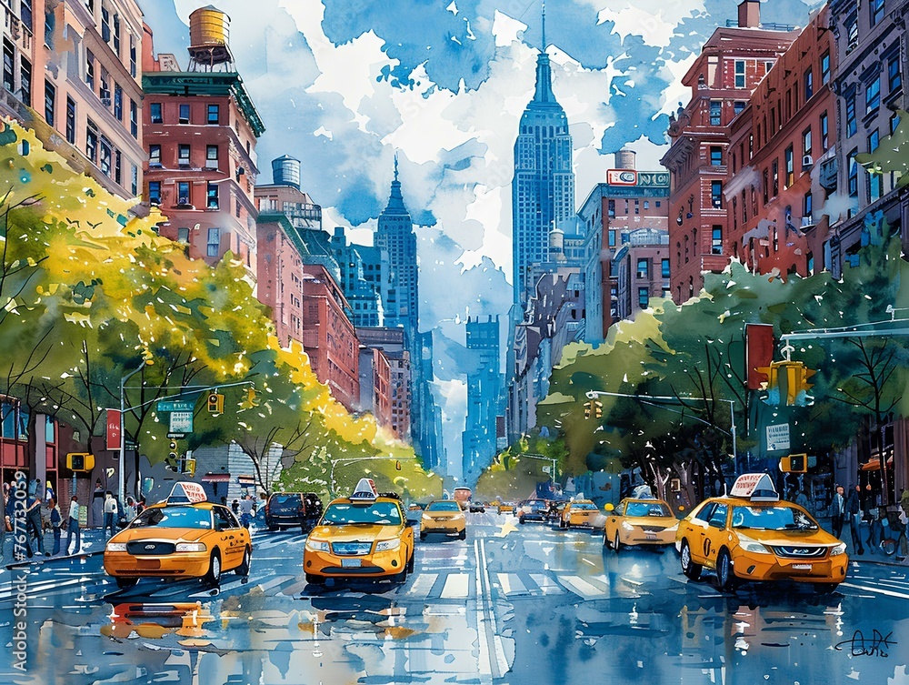 Create a vibrant watercolor illustration of a bustling city street during rush hour.