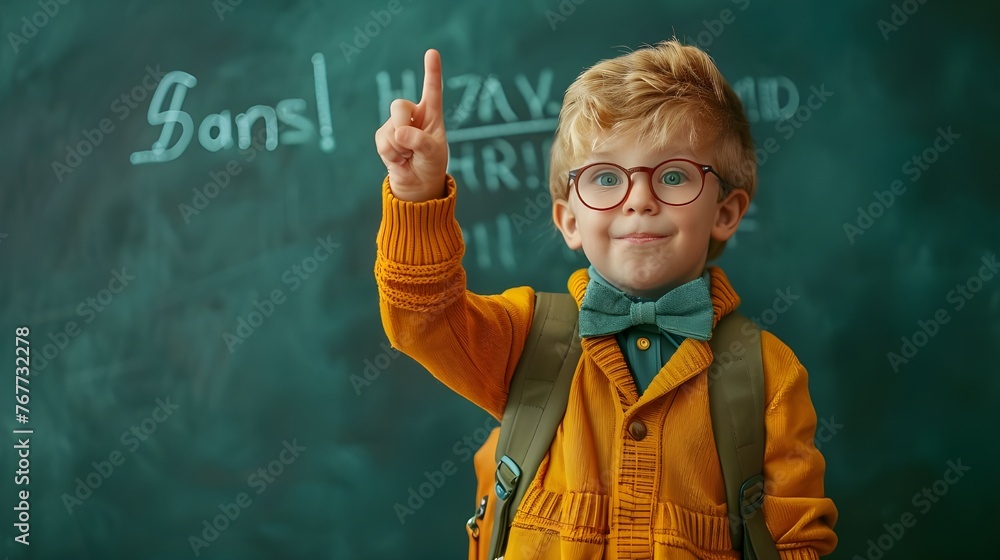 Back to school. Funny little boy in glasses pointing up on blackboard. Child from elementary school with book and bag. Education ai generated