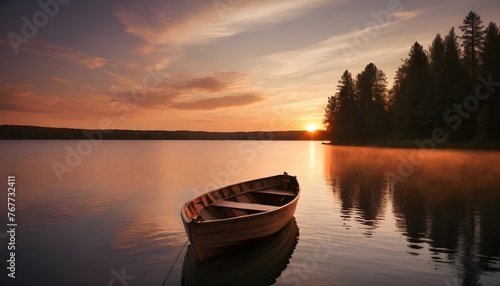 a boat is tied up on a lake with the sun setting behind it