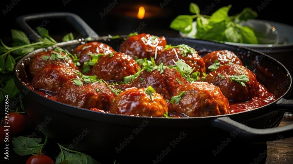 meatballs with melted tomato sauce on a bowl with a black and blur background meatballs with melted tomato sauce on a bowl with a black and blur background
