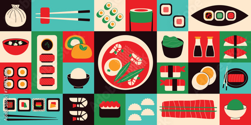 Asian food banner. Minimal geometric japanese korean thai chinese cuisine, sushi shrimp sashimi salmon rice ramen tom yum soup. Flat vector background © Yelyzaveta