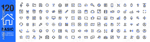 Extended set of basic UI icons. 120 items, 36 x 36 px. Pixel perfect, editable stroke vector set