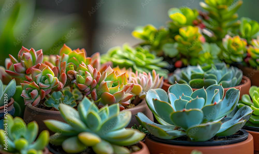 Fototapeta premium Close up macro shot of echeveria succulents in pots, Generative AI