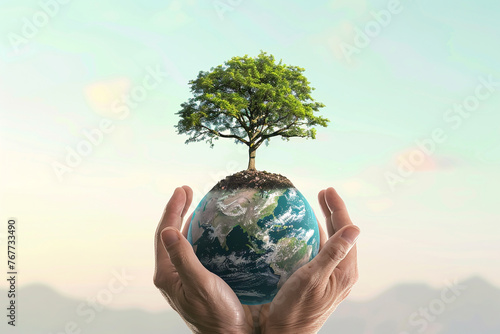 Hands cradling a small globe of Earth, with a large, flourishing tree  photo