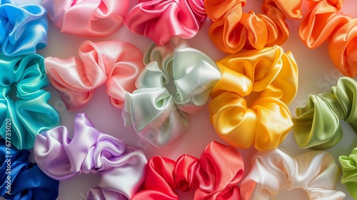 A vibrant array of colorful silk scrunchies arranged on a pristine white surface, each one catching the light in a mesmerizing display of hues.