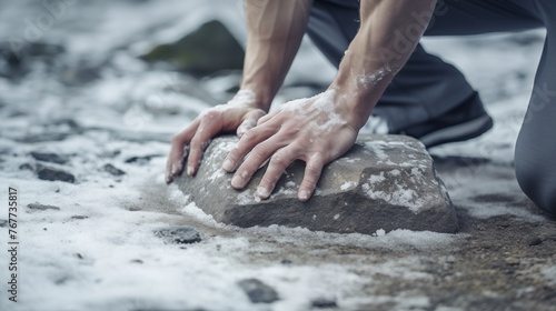 Two hands exerting effort to lift a sizable stone from the ground, their muscles straining against the weight as they attempt to raise it.
 photo