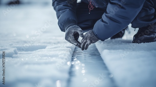 Maintenance crew assesses ice thickness for safety and operational purposes, ensuring appropriate measures are taken based on the observed thickness of the ice.
 photo